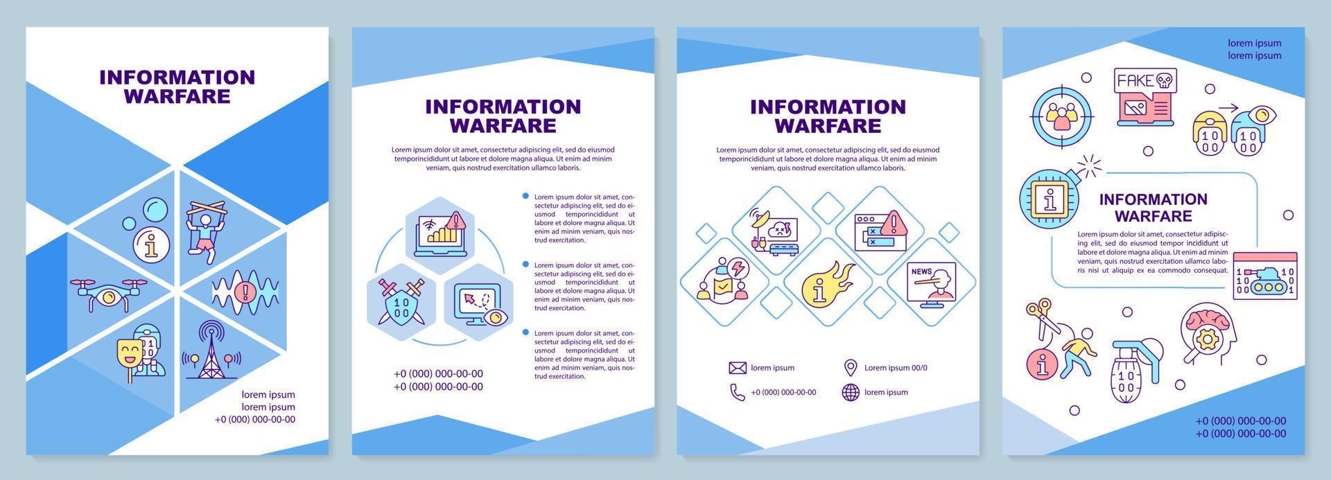 Information warfare blue brochure template. Mislead adversaries. Leaflet design with linear icons. 4 vector layouts for presentation, annual reports.