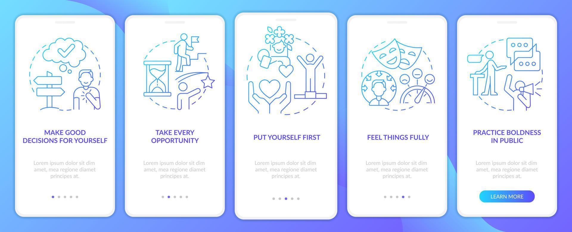 Approaches to self love blue gradient onboarding mobile app screen. Walkthrough 5 steps graphic instructions pages with linear concepts. UI, UX, GUI template. vector