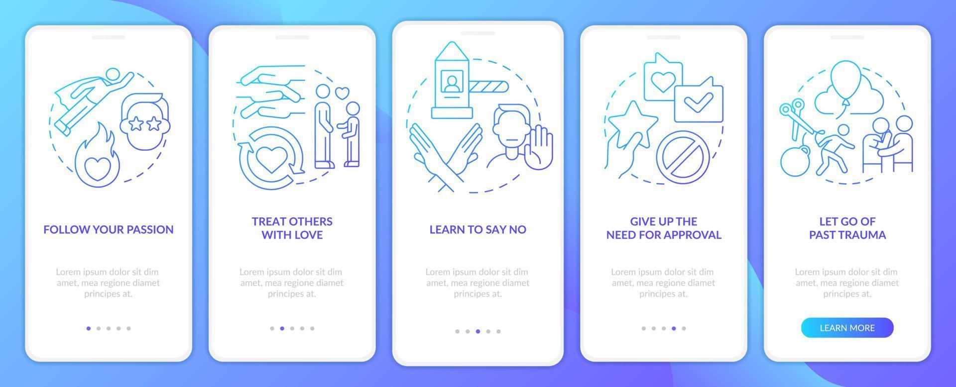 Achieving total self love blue gradient onboarding mobile app screen. Walkthrough 5 steps graphic instructions pages with linear concepts. UI, UX, GUI template. vector