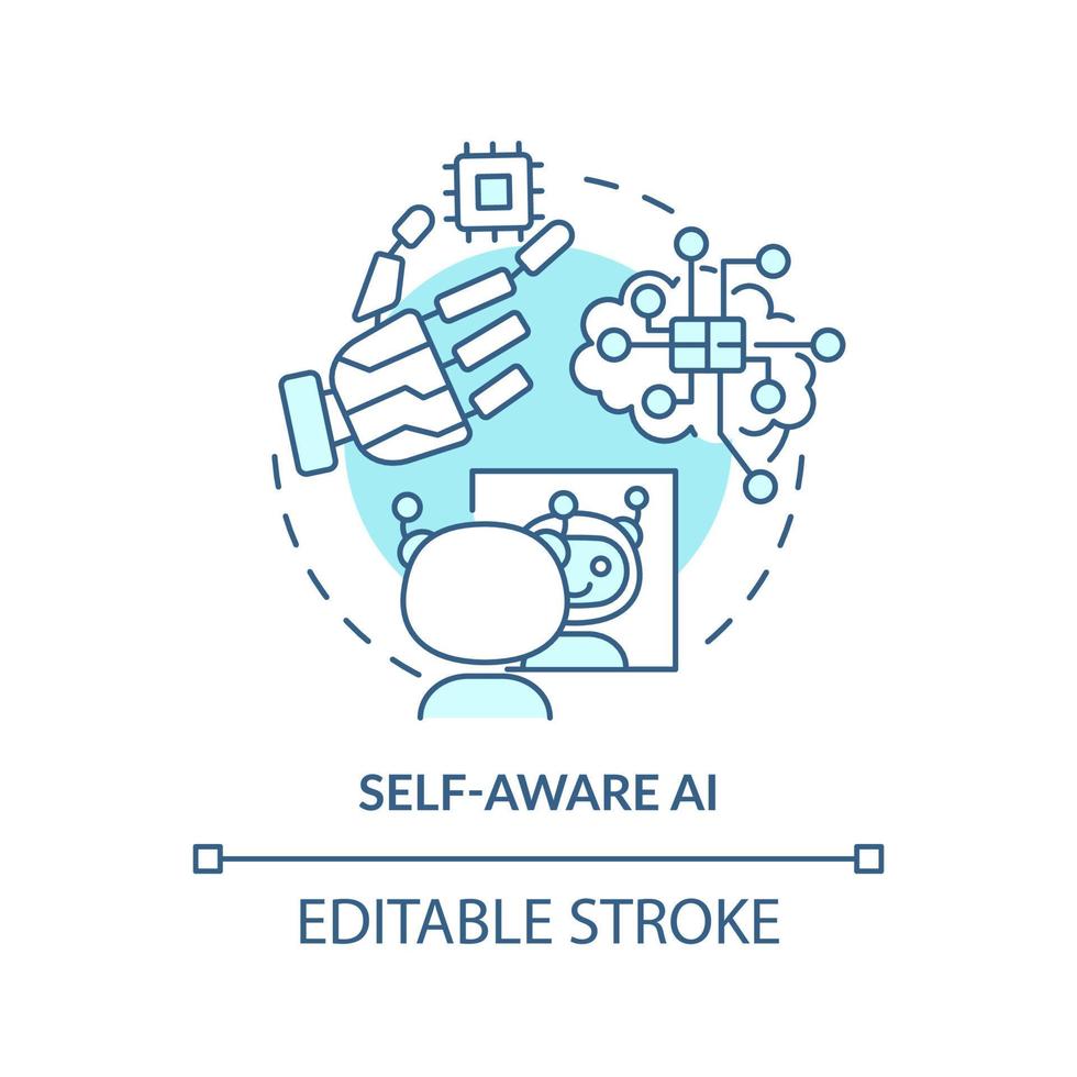 Self aware AI turquoise concept icon. Futuristic robots. Artificial intelligence type abstract idea thin line illustration. Isolated outline drawing. Editable stroke. vector