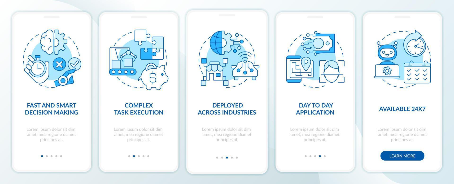 Artificial intelligence strengths blue onboarding mobile app screen. Walkthrough 5 steps graphic instructions pages with linear concepts. UI, UX, GUI template. vector