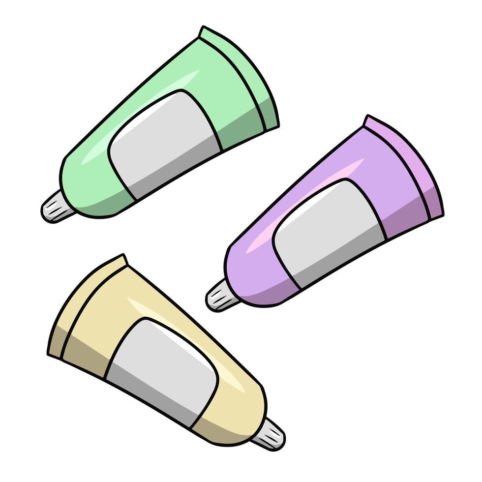 A set of tubes with pastel oil paint, acrylic paint, watercolor. Vector illustration in cartoon style on a white background