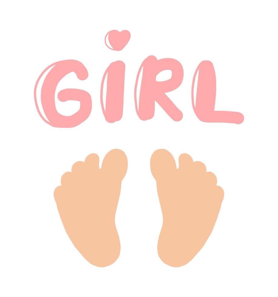 Girl baby shower invitation card template. Flat vector celebration poster. Baby footprints isolated on white background. Beautiful lettering phrase.