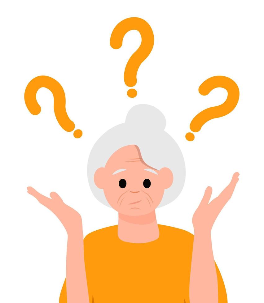 Simple flat vector illustration of question dilemma problem concept, isolated on white cartoon old woman character, solution business asking analysis mark.