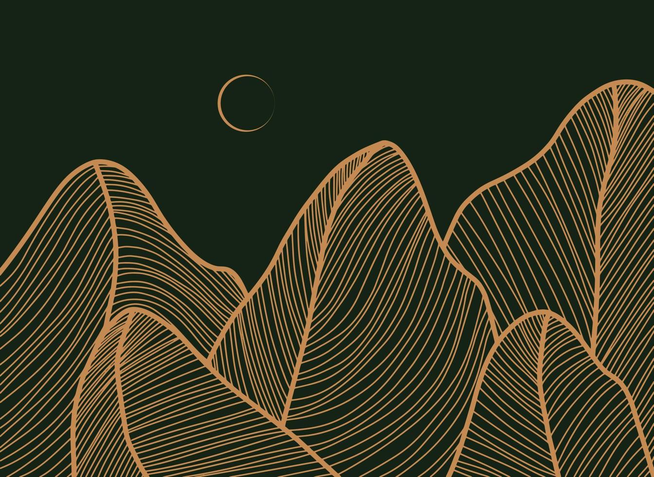 fondo de arte de línea abstracta en estilo asiático japonés o chino. dibujo de hoja de contorno. contorno de garabato dibujado a mano sobre fondo verde. ilustración vectorial con textura elegante dorada. vector