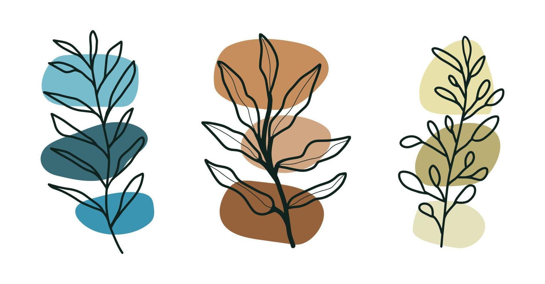 Abstract line art floral background collection. Fashion beauty vector backdrop. Doodle botanical hand drawn branches, leaves. Simple wallpaper print template.