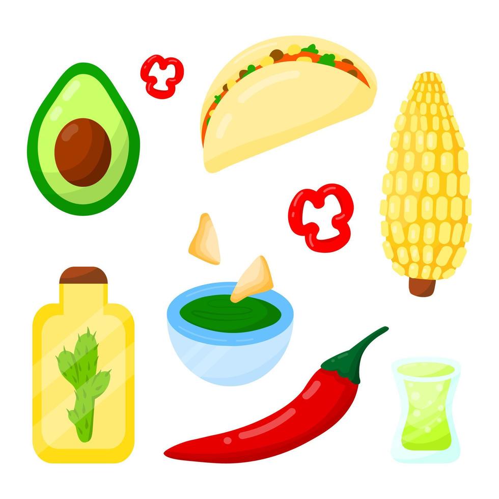 Mexican food isolated vector icon set. Colorful cartoon collection. Corn, avocado, tequila shot, chili pepper, nachos, guacamole, pesto, tortilla, tacos.