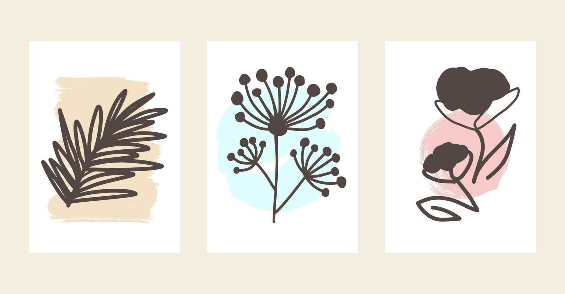 colección de fondo floral de arte de línea abstracta. Fondo de vector de belleza de moda. doodle botánico dibujado a mano flores, ramas, hojas. plantilla de impresión de papel tapiz simple.