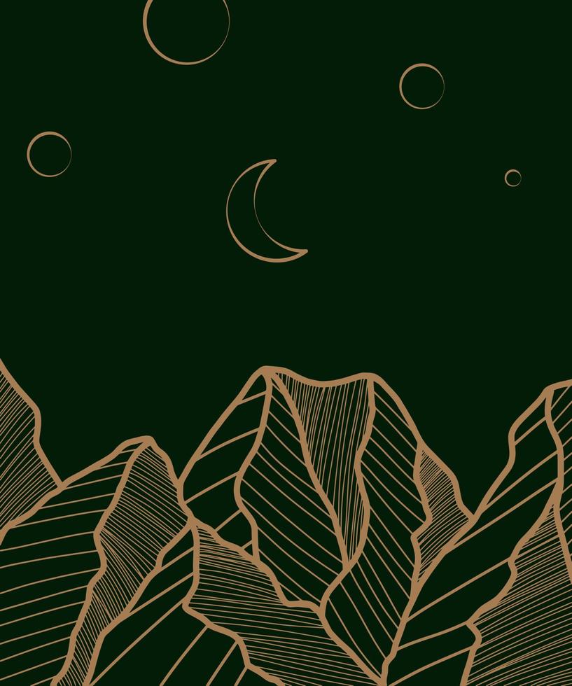 fondo de arte de línea abstracta en estilo asiático japonés o chino. esbozar el dibujo de los picos de las montañas. contorno de garabato dibujado a mano sobre fondo verde. ilustración vectorial con textura elegante dorada. cielo nocturno. vector