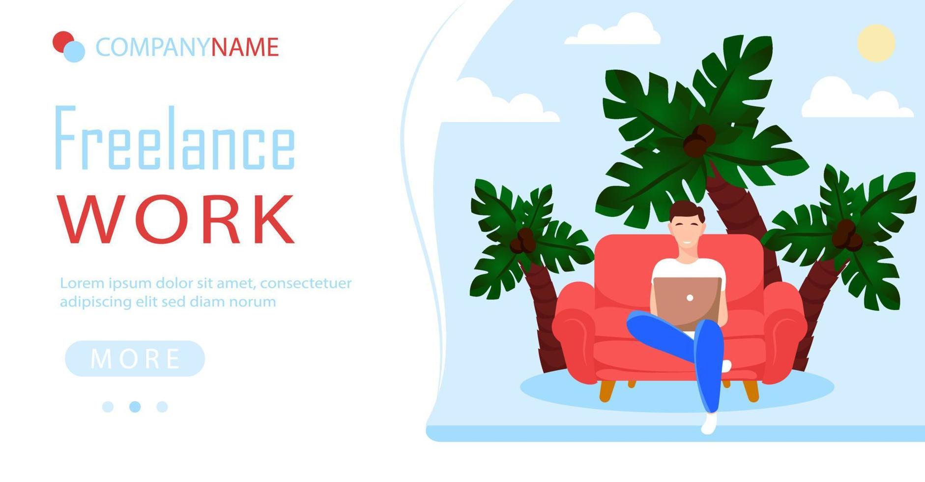 Freelance work from home website template. Vector colorful IT programmer concept. Cartoon flat landing page.