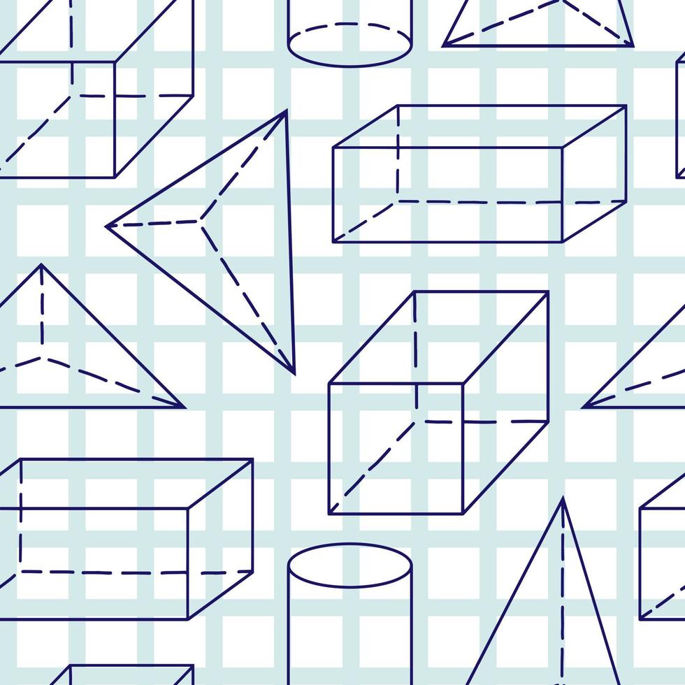 Mathematical vector illustration with geometrical figures, handwritten on the grid copybook paper. Seamless pattern template for fabric print.