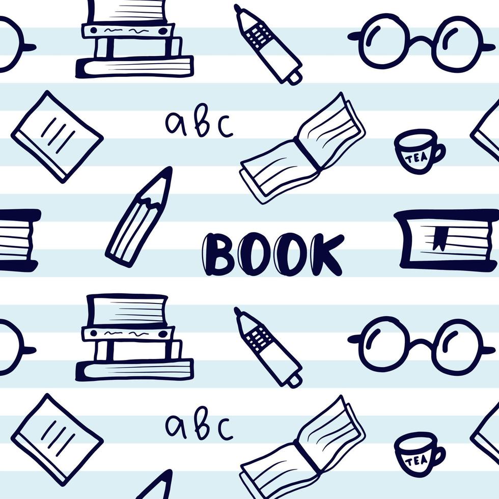 Hand drawn doodle seamless pattern, education concept background. Simple vector wallpaper template. School books isolated icon set. Library clip art, reading hobby. Pen drawing on copybook.