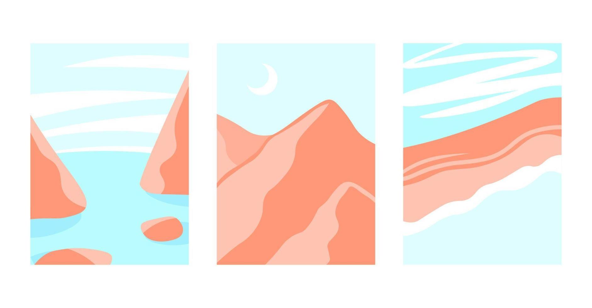 colección de plantillas de fondo abstracto. conjunto de ilustración vectorial simple. banner web o carteles de pared de la habitación. paisajes planos con mar, montaña y cielo azul. vector