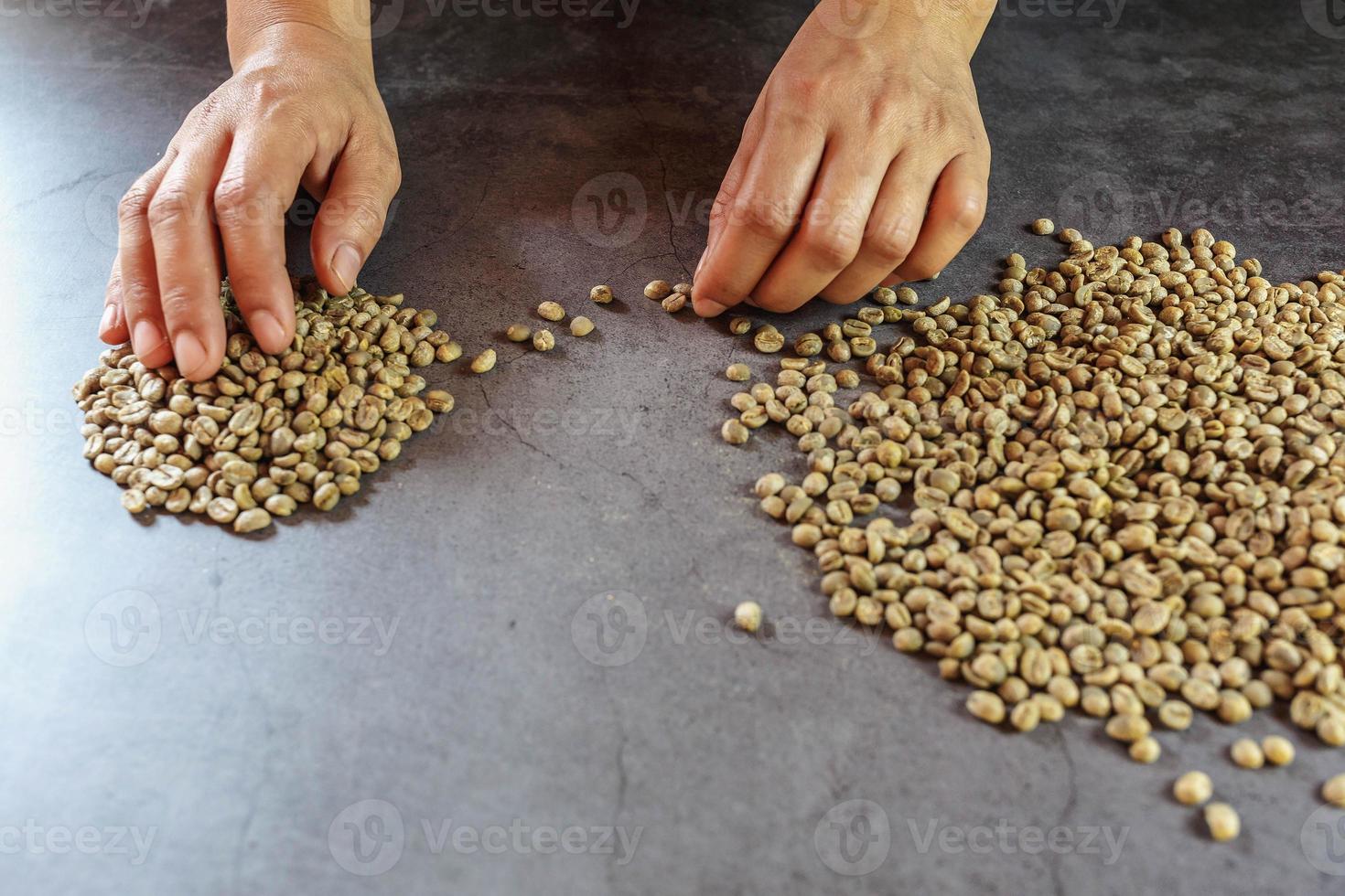 Raw green coffee beans in hand on a gray background photo