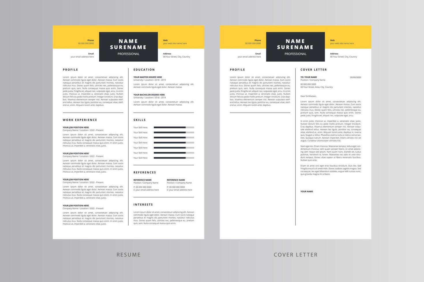 currículum profesional y plantilla de carta de presentación. vector profesional