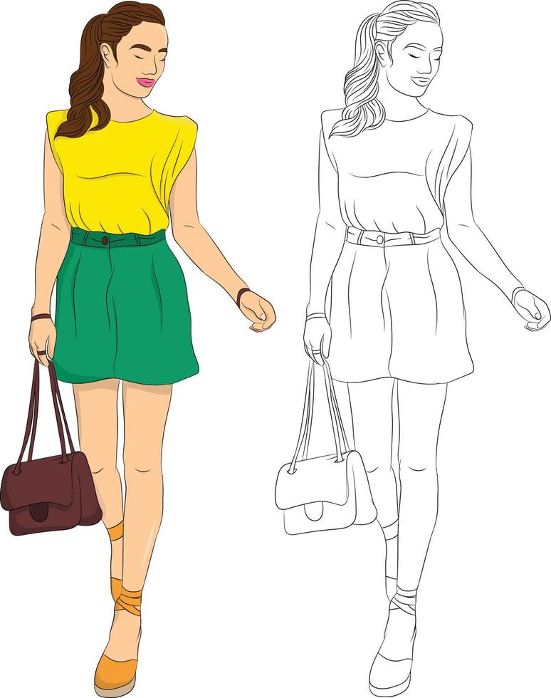 Cute Pretty Hand Drawn Tall Girl Wearing a Yellow T-shirt and Green Jeans Shorts and Holding a Bag Set vector