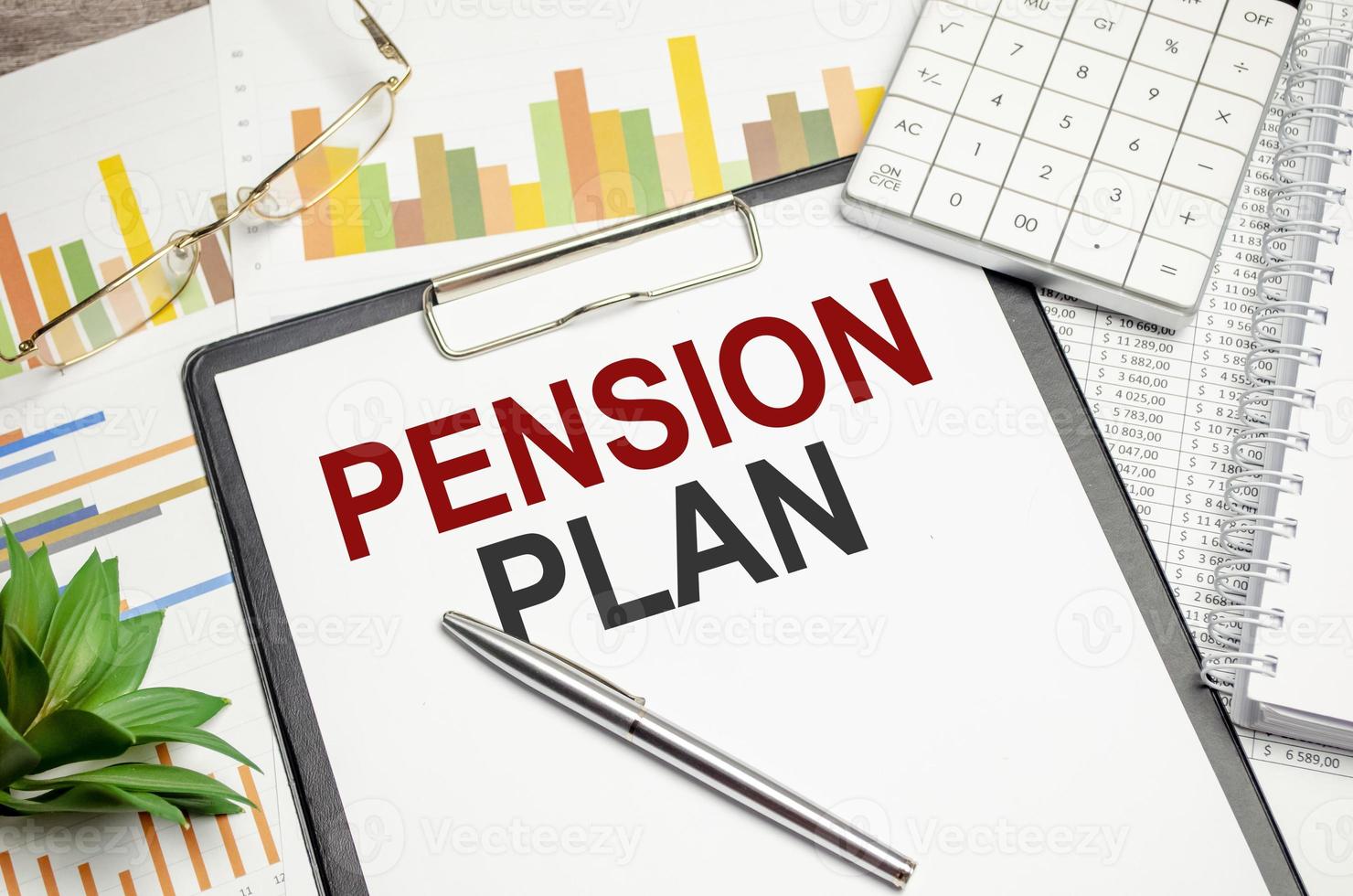 stickers, plant, pen and a white notebook with the text pension plan photo