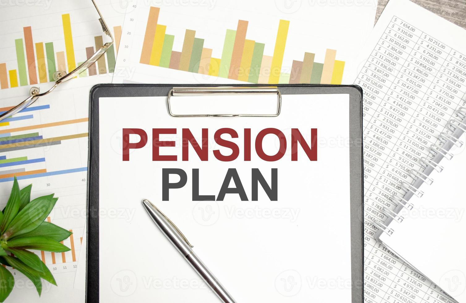 stickers, plant, pen and a white notebook with the text pension plan photo