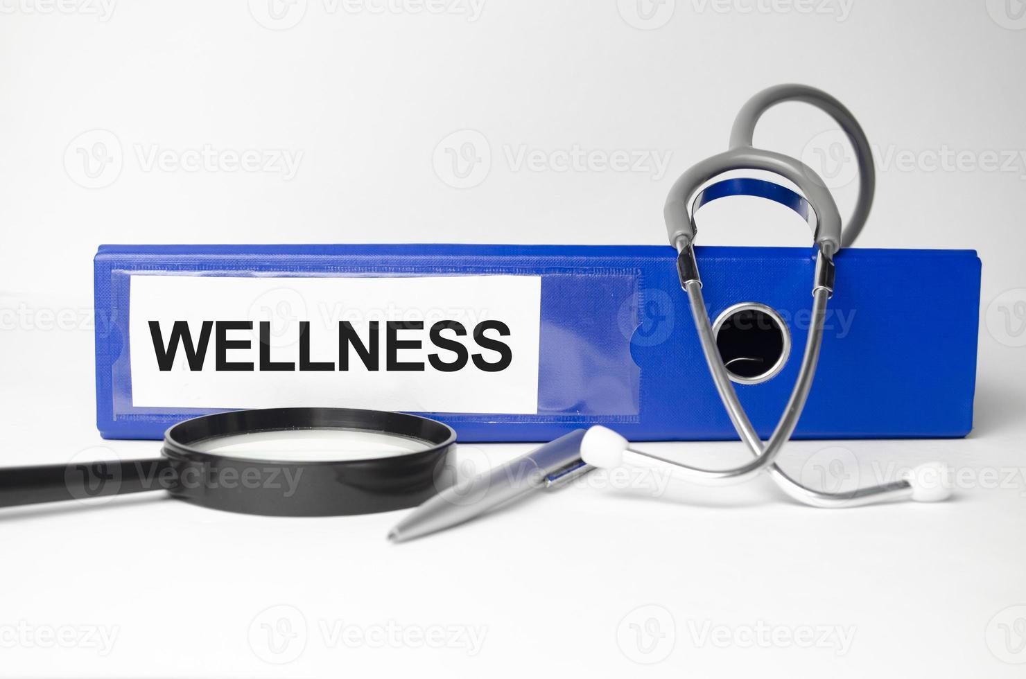 Wellness word written on blue file folder next to a stethoscope photo