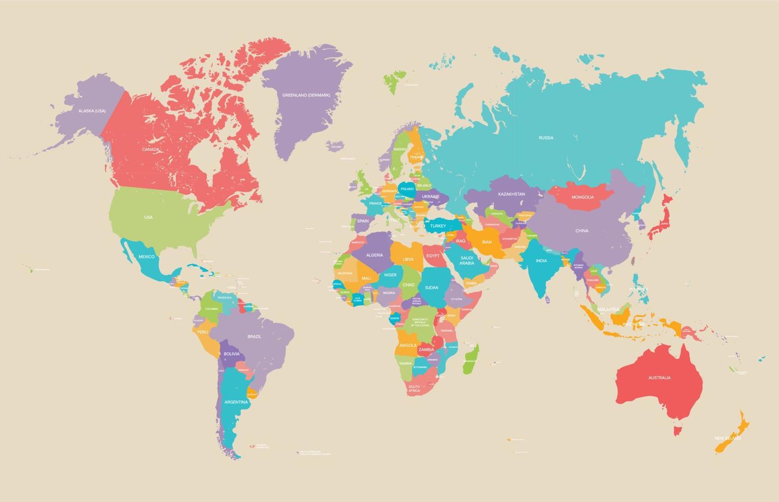 World political earth map in retro color palette, vector illustration