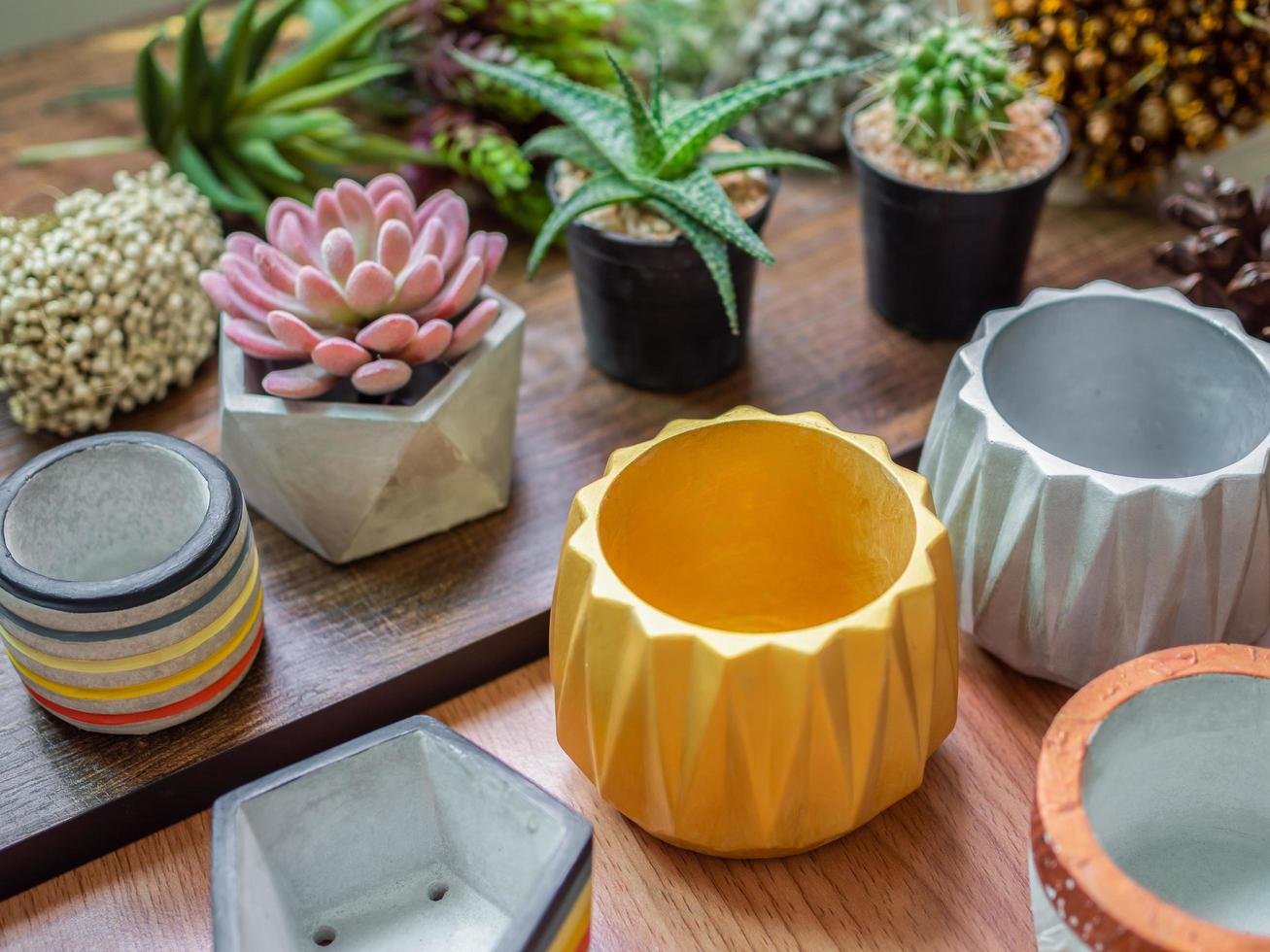 Colorful geometric planters. Painted concrete planters for home decoration photo