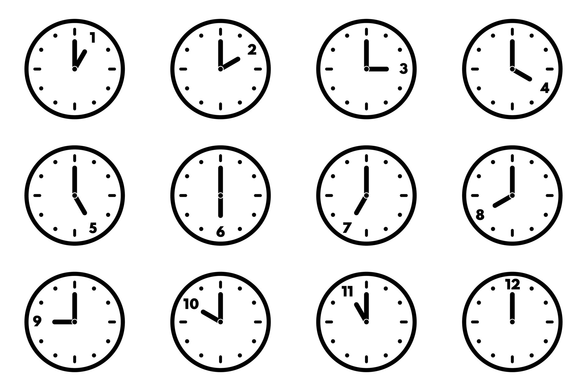Set of analog clock icon for every hour. 12 hour clock 8223884 Vector Art at Vecteezy