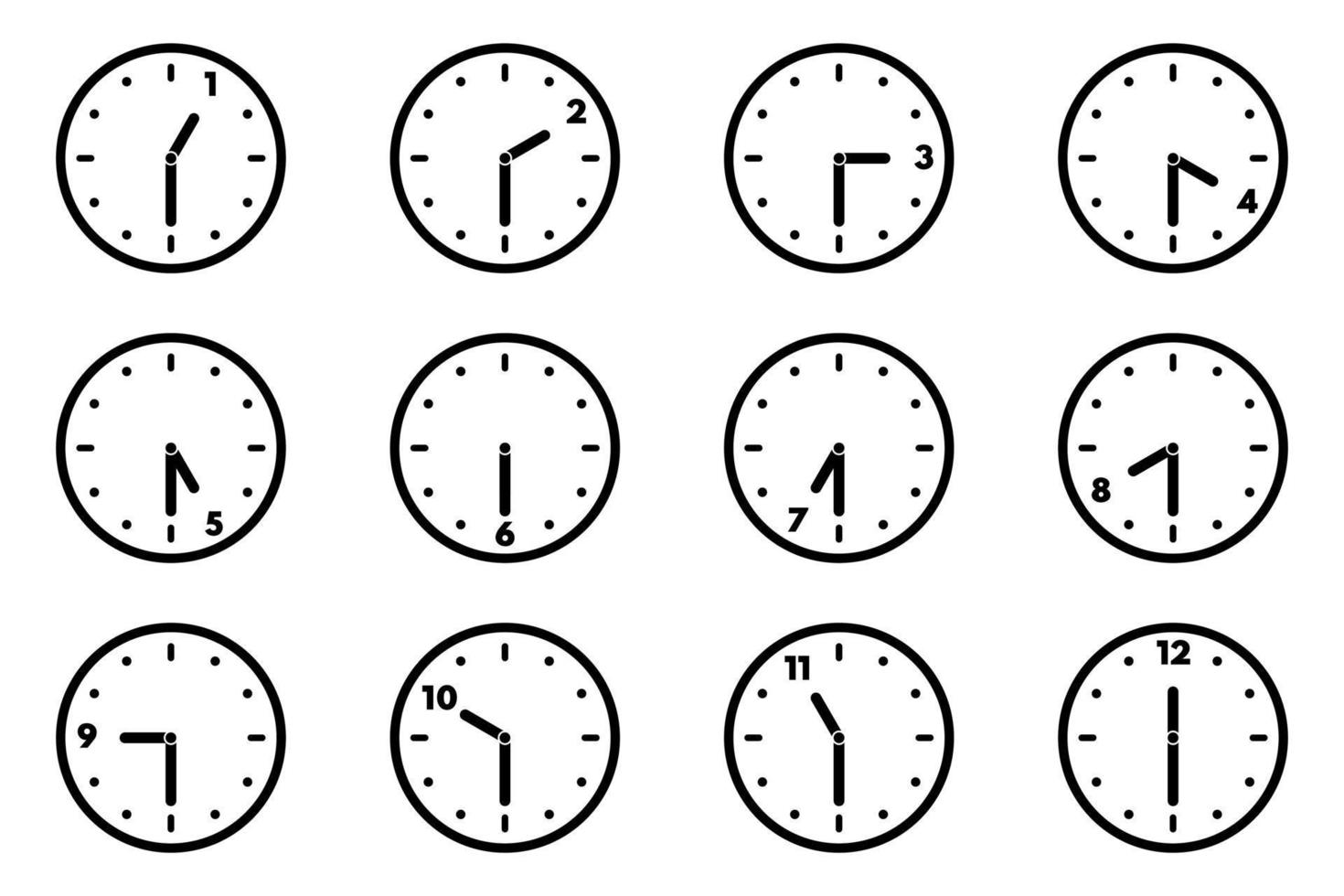 Set of analog clock icon for every hour and half. 12 hour clock. Half past hours version vector
