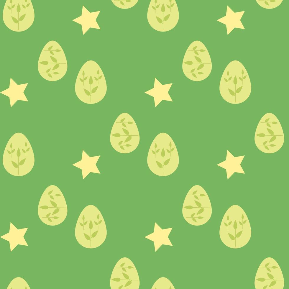 Seamless pattern with green Easter eggs and stars on green background. Vector image.