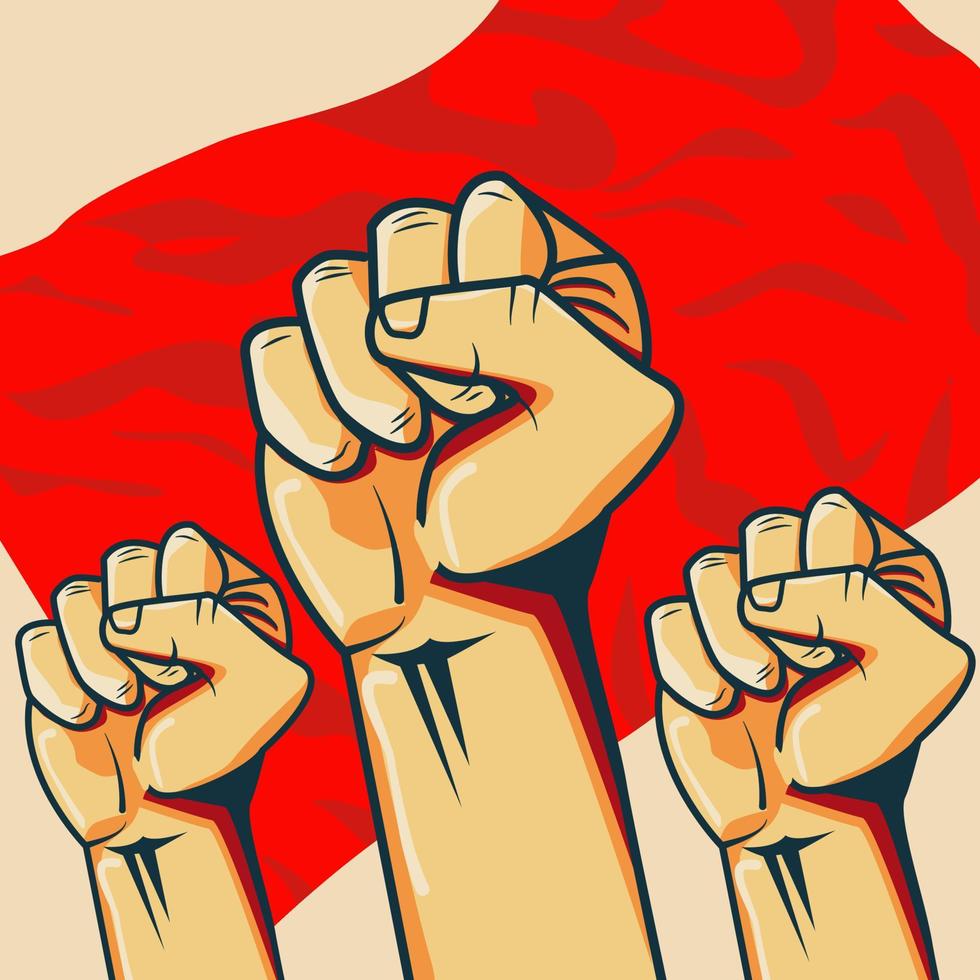 fist hand on front of red flag suitable for propaganda illustration vector