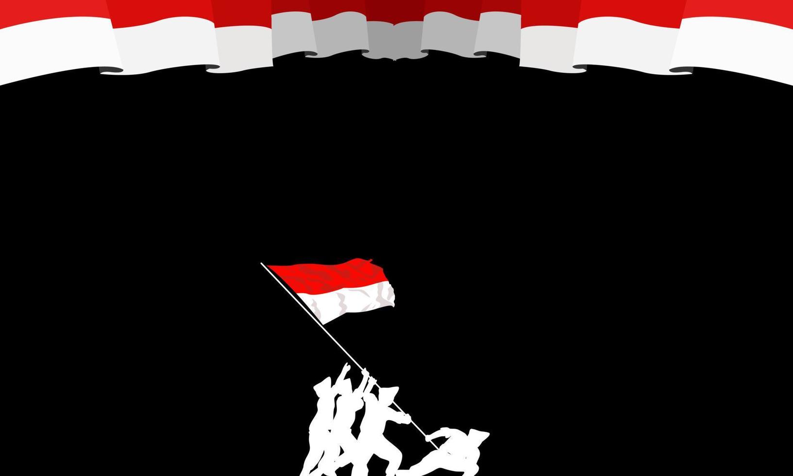 silhouette of soldier raising indonesian flag with copy space vector