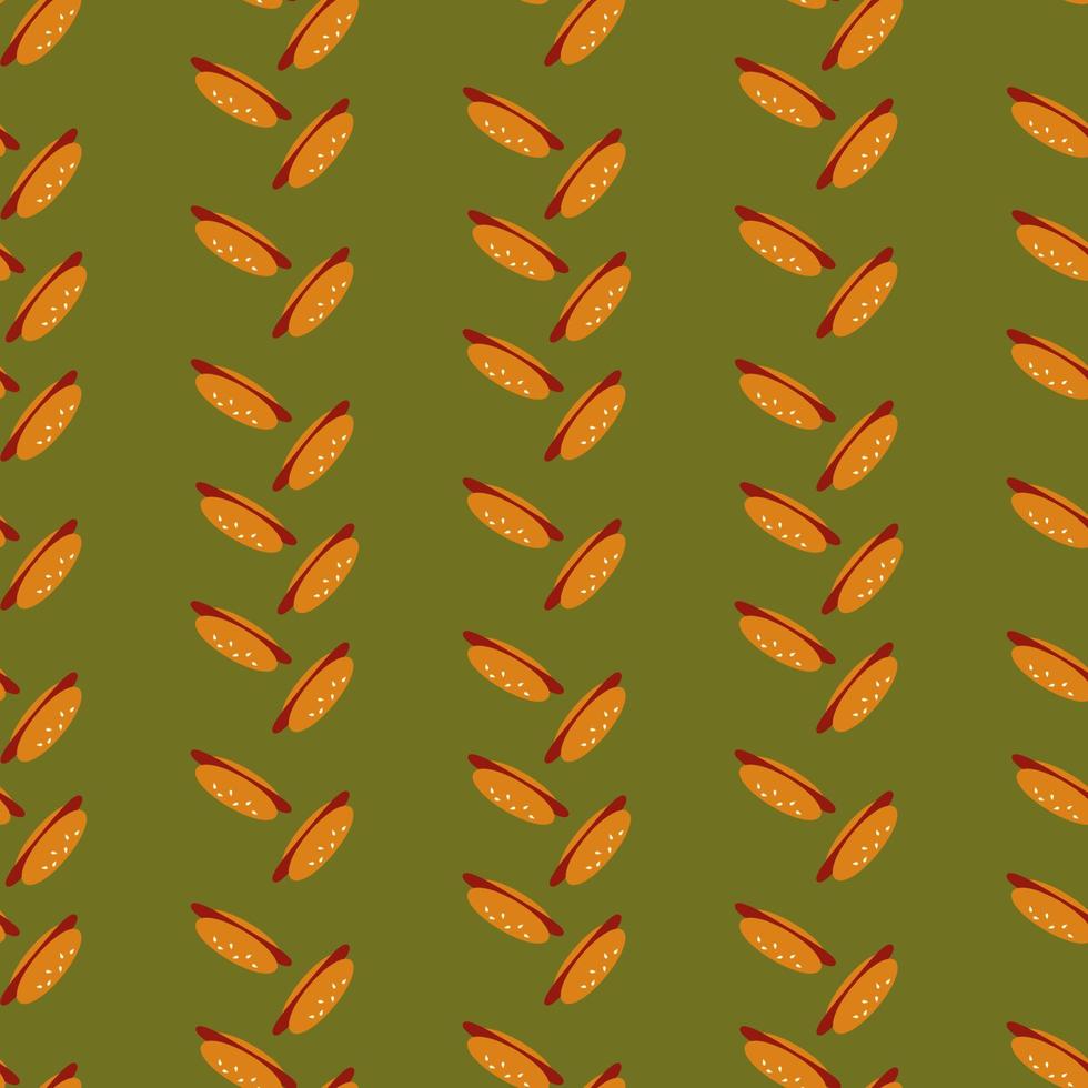Seamless pattern with creative hot dog on green background. Vector image.