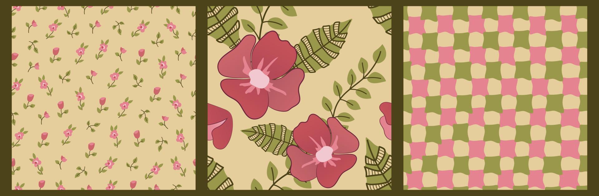 Set of summer seamless patterns with pink flowers. Vector hand drawn prints, floral backgrounds for fabric, textile, paper.