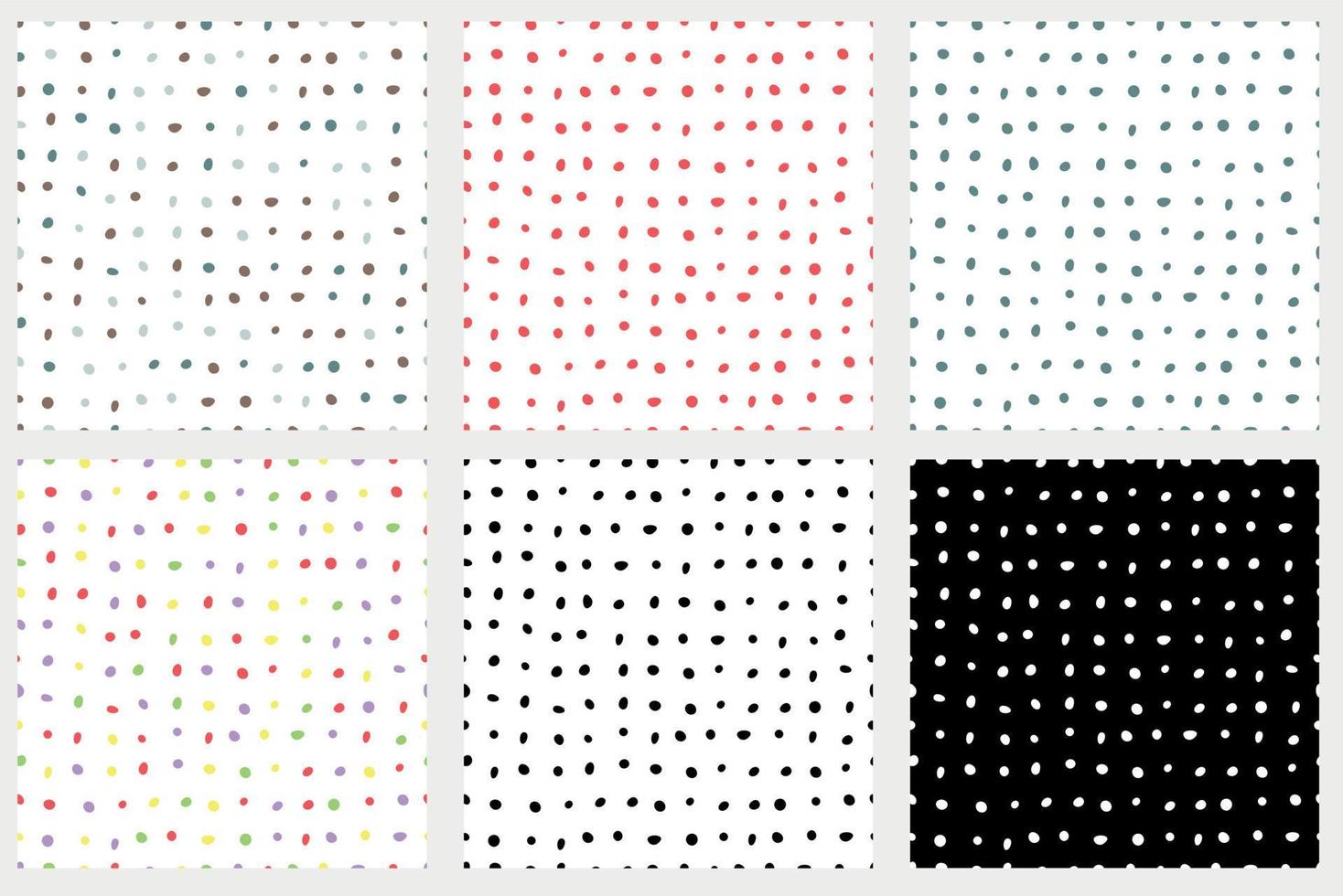 Set of seamless multicolored dotted patterns. Collection of abstract minimalistic backgrounds. Vector illustration.