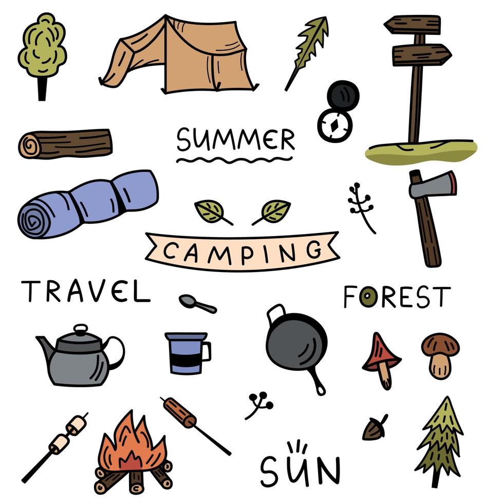 conjunto de pegatinas aisladas dibujadas a mano para acampar. vector verano doodle iconos caminata, vacaciones, bosque. fogata, carpa, elementos de saco de dormir.