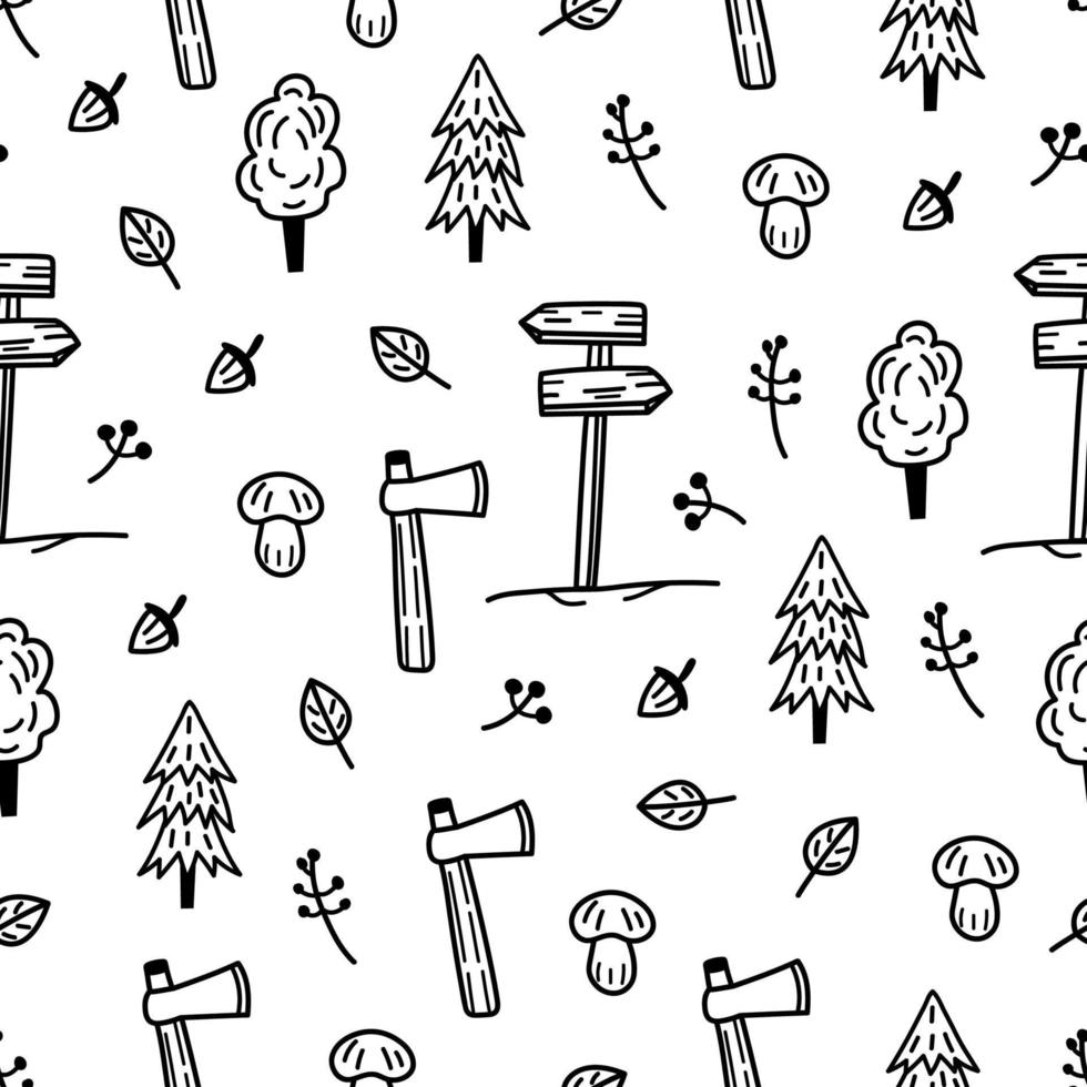 patrón dibujado a mano sin costuras camping, senderismo, bosque, naturaleza. estampado de garabatos de verano vectorial, fondo blanco y negro. vector