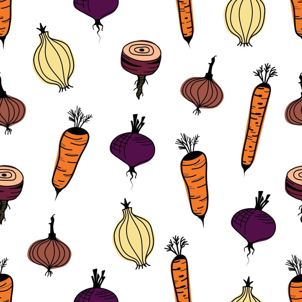 patrón dibujado a mano sin costuras con verduras, cebollas, zanahorias, remolachas. estampado de garabatos vegetales vectoriales, fondo con verduras para textiles, telas, papel. vector