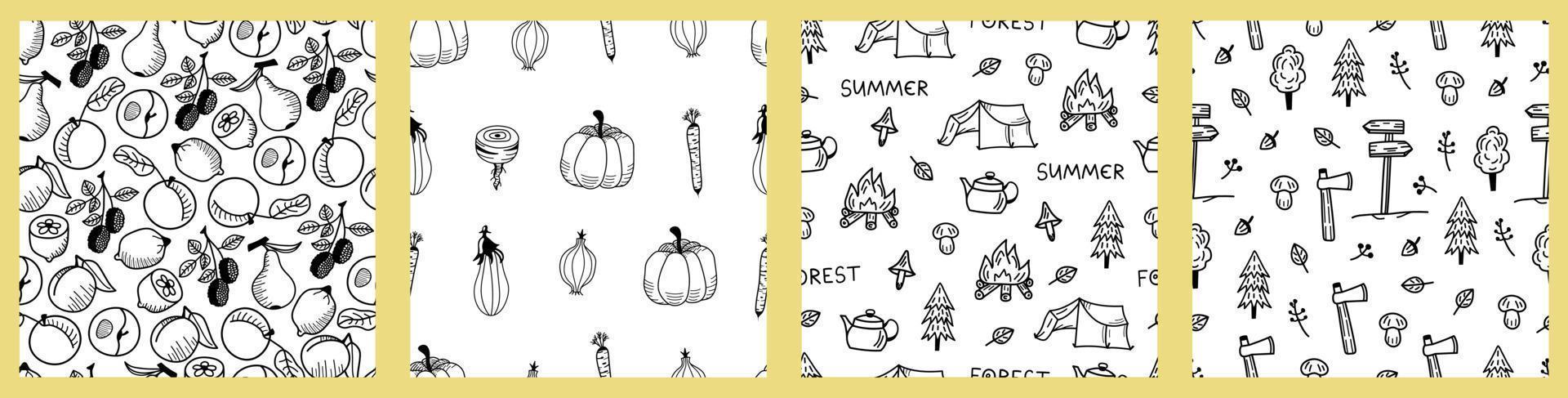 Set of summer doodle patterns with fruits, vegetables, camping, hiking. Vector hand drawn prints, backgrounds for textile, fabric, paper.