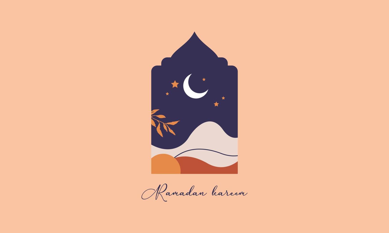 Modern style Ramadan Mubarak greeting cards with retro boho design, moon, mosque dome and lanterns vector