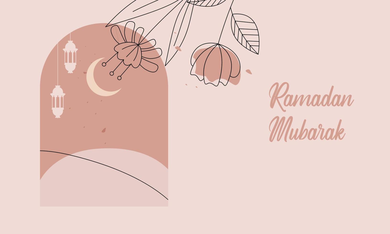 Modern style Ramadan Mubarak greeting cards with retro boho design, moon, mosque dome and lanterns vector