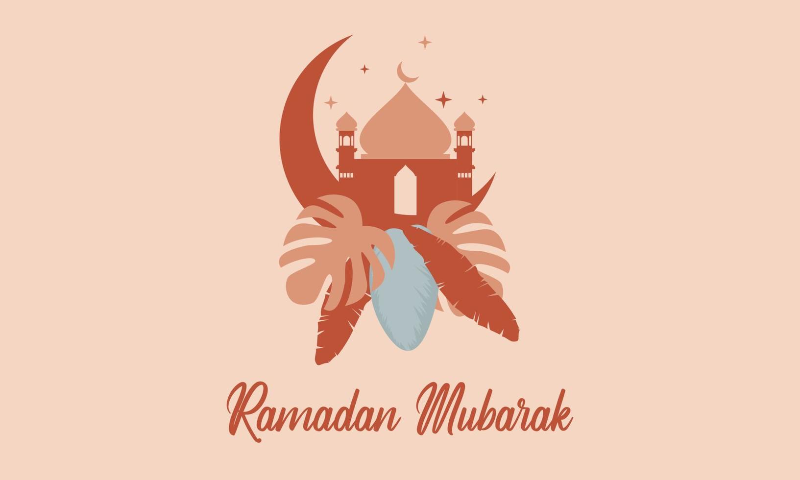 Modern style Ramadan Mubarak greeting cards with retro boho design, moon, mosque dome and lanterns vector