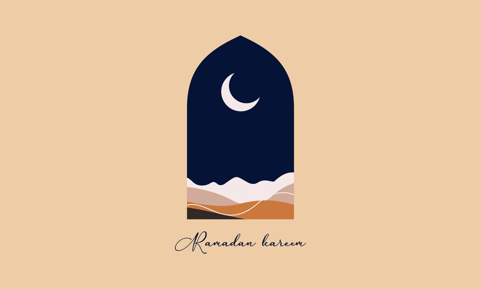 Modern style Ramadan Mubarak greeting cards with retro boho design, moon, mosque dome and lanterns vector