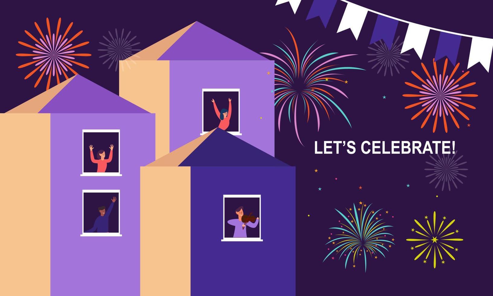 Celebration at home with neighbors. People standing on balconies, looking out of windows. Fireworks, vector