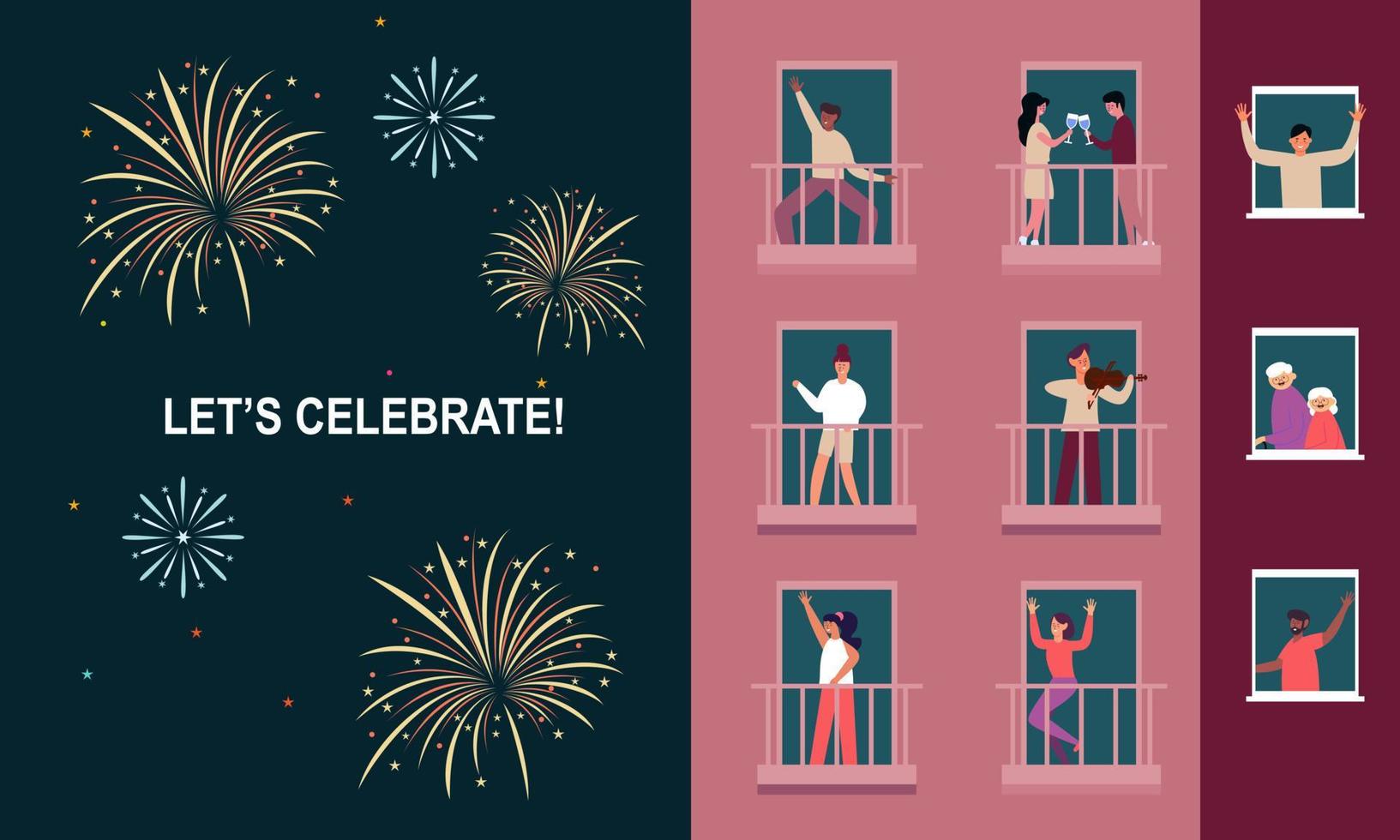 Celebration at home with neighbors. People standing on balconies, looking out of windows. Fireworks, vector