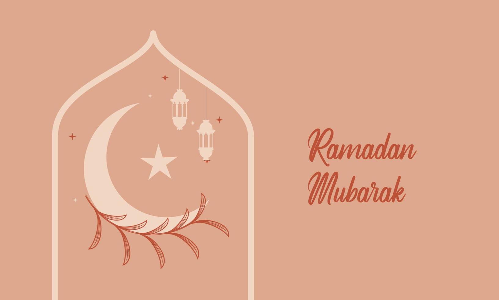 Modern style Ramadan Mubarak greeting cards with retro boho design, moon, mosque dome and lanterns vector