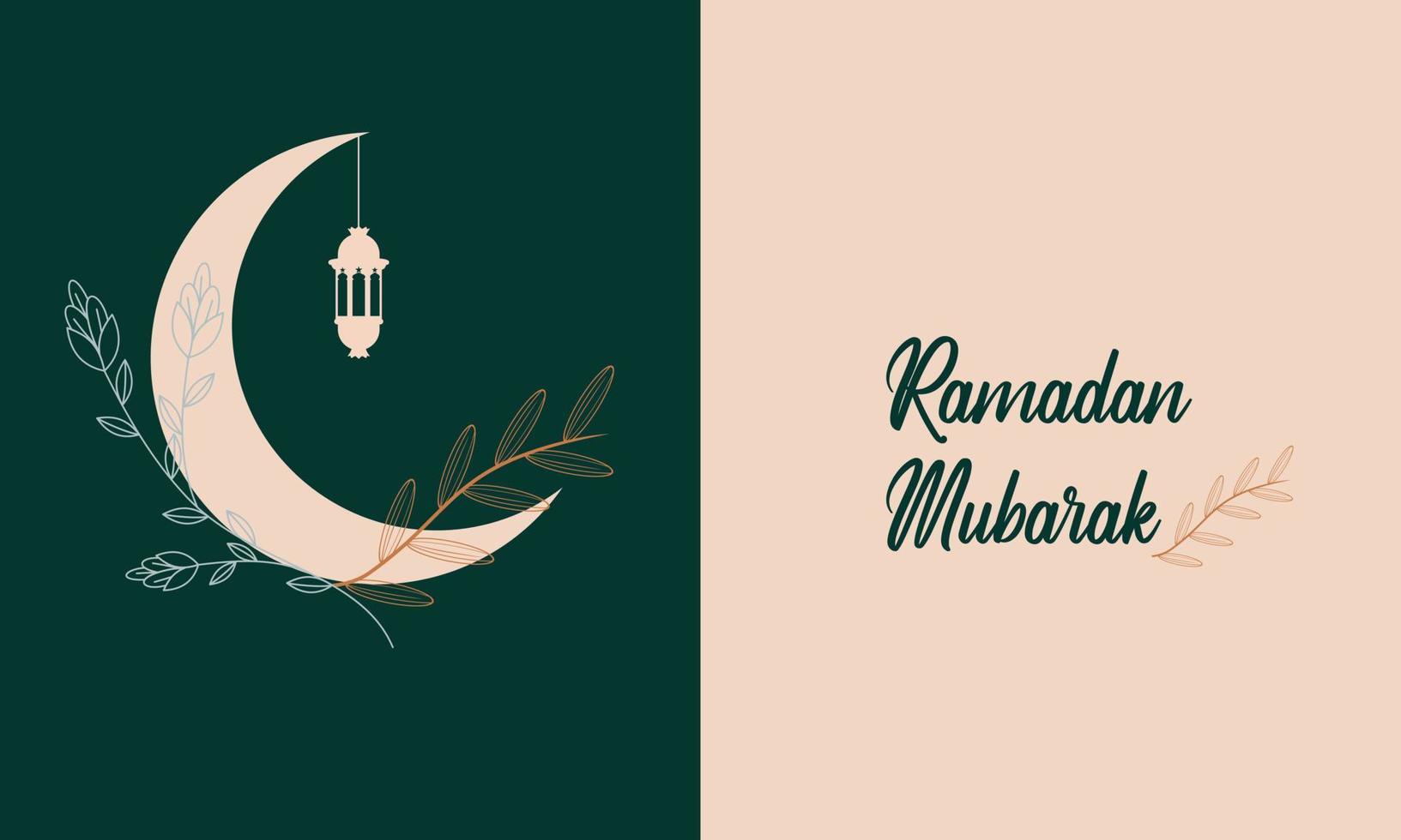 Modern style Ramadan Mubarak greeting cards with retro boho design, moon, mosque dome and lanterns vector