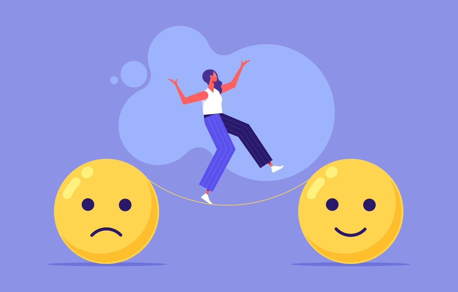 Emotional balance and harmony. Woman walks on thin rope to positive feeling. Metaphor for getting rid of negativity and improving mental state. flat vector illustration