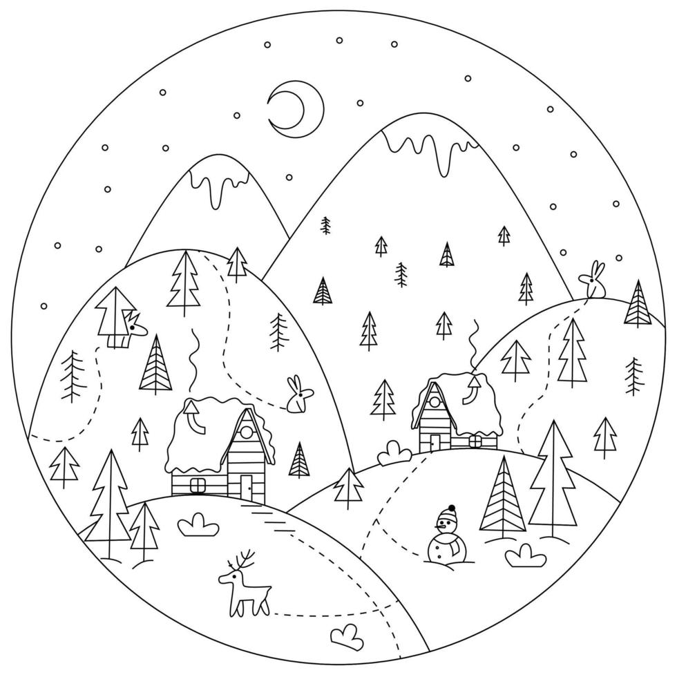 Winter landscape with wooden houses, wild animals and a snowman. Mountain forest in the snow. Winter night. Black and white vector illustration