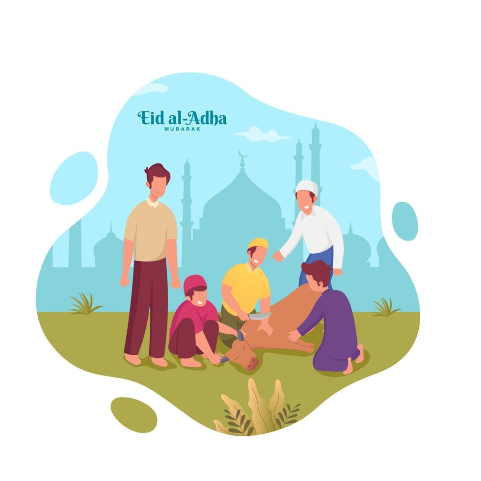 Eid al-Adha greeting card. Muslim people slaughtering a cow during Eid al-Adha mubarak vector