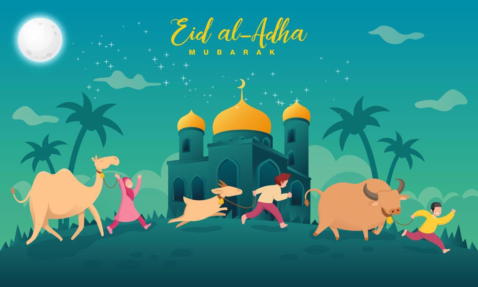 Eid al-Adha greeting card. Cartoon muslim kids bring animals for sacrifice in eid al adha mubarak vector