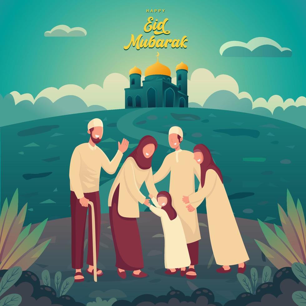 Happy eid mubarak greeting card. muslim family blessing Eid mubarak to grandparents vector